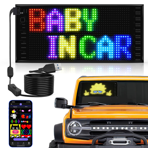 Qnoavve Bluetooth App Control LED Sign, 14.6"x3.6" Devil Eyes Car Lights, Flexible USB 5V LED Car Sign, Programmable Customizable Display Panel, Scrolling Message Board for Store Bar Hotel Party