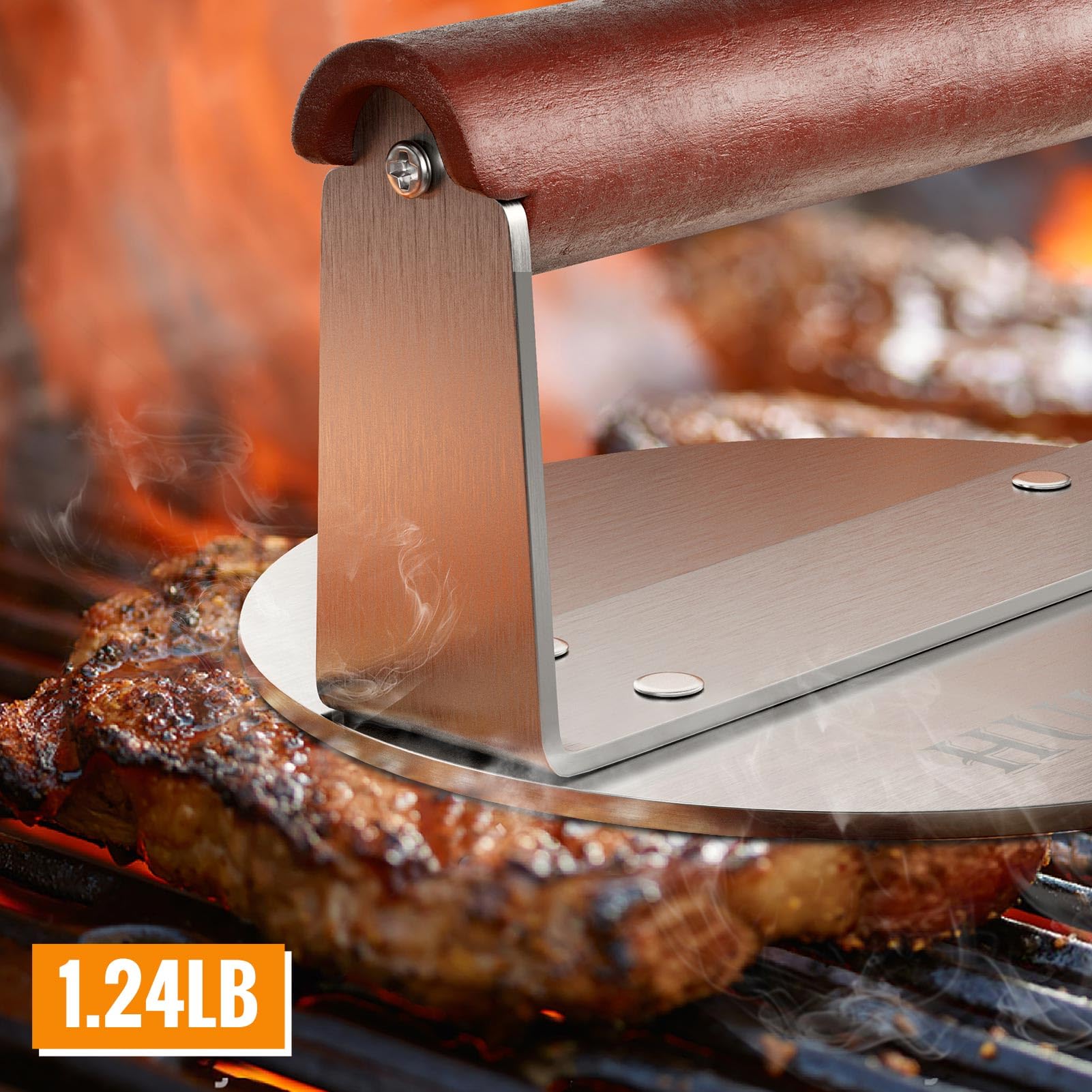 HULISEN 8.5-Inch Burger Press, 2.5 lbs Heavy Duty Bacon & Grill Press, Stainless Steel Smashed Burger Press, Round Smasher with Wood Handle, BBQ Griddle Accessories for Hamburger, Steak, Meat…