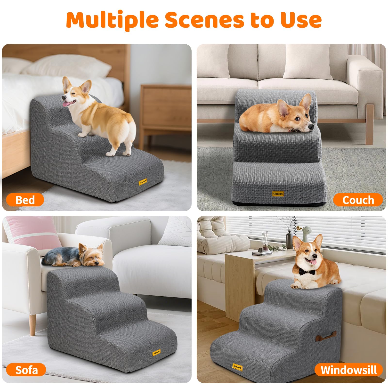 Gimars 30D High-Density Foam & Extra-Wide, Stable 3-Step Dog Stairs, 40cm High Pet Stairs with Washable Cover & Non-Slip Base, Portable Ramp for Small Dogs to Sofa, Bed, Couch, Car