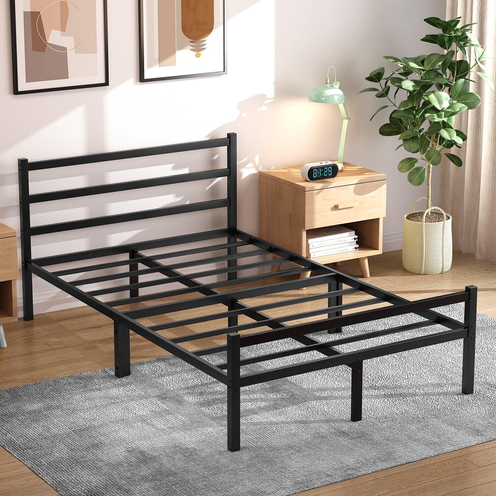 Yornoli Double Bed Frames with Headboard 4ft6 Black Metal Double Bed Frame with Storage Heavy Duty Non-Slip with Steel Slats No Box Spring Needed