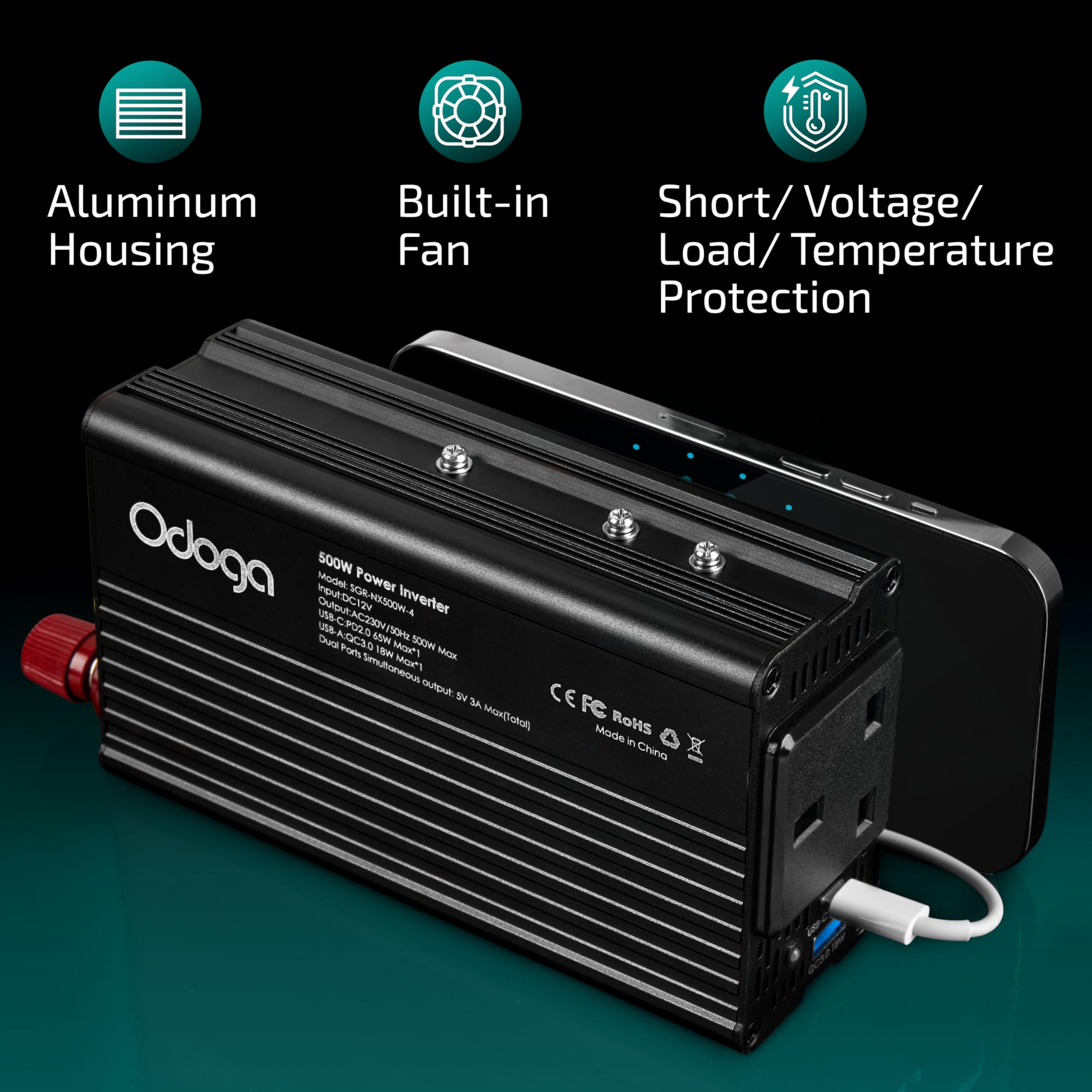 Odoga 300W Car Power Inverter 12V to 240V / 230V Converter, USB-A and USB-C 3A Charging Ports - Charge Your Laptop, iPad, iPhone, Tablet, Consoles & More - Durable and Powerful - Black Aluminum Body