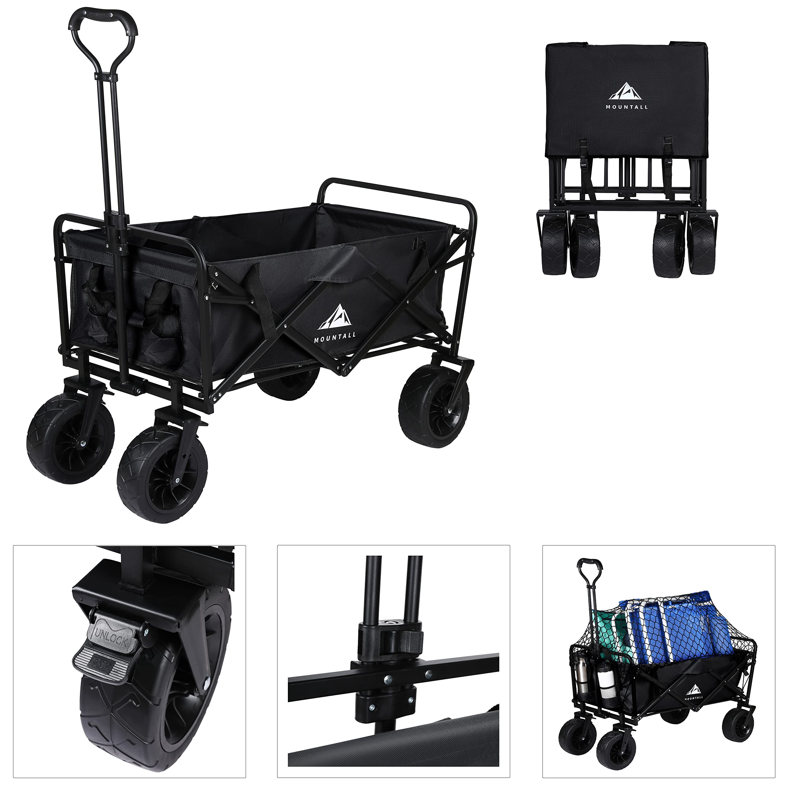 Heavy Duty Folding Wagon With Large Wheel, Trolley Cart Outdoor Transport Trailer Foldable Outdoor Garden Utility Wagon/Trolley with Cover Bag (Black)