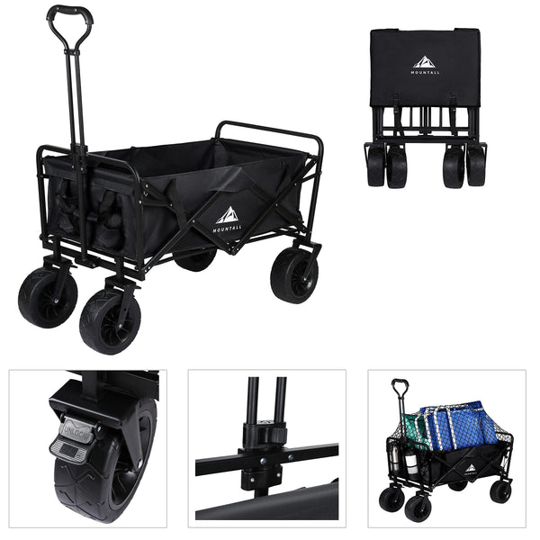 Heavy Duty Folding Wagon With Large Wheel, Trolley Cart Outdoor Transport Trailer Foldable Outdoor Garden Utility Wagon/Trolley with Cover Bag (Black)