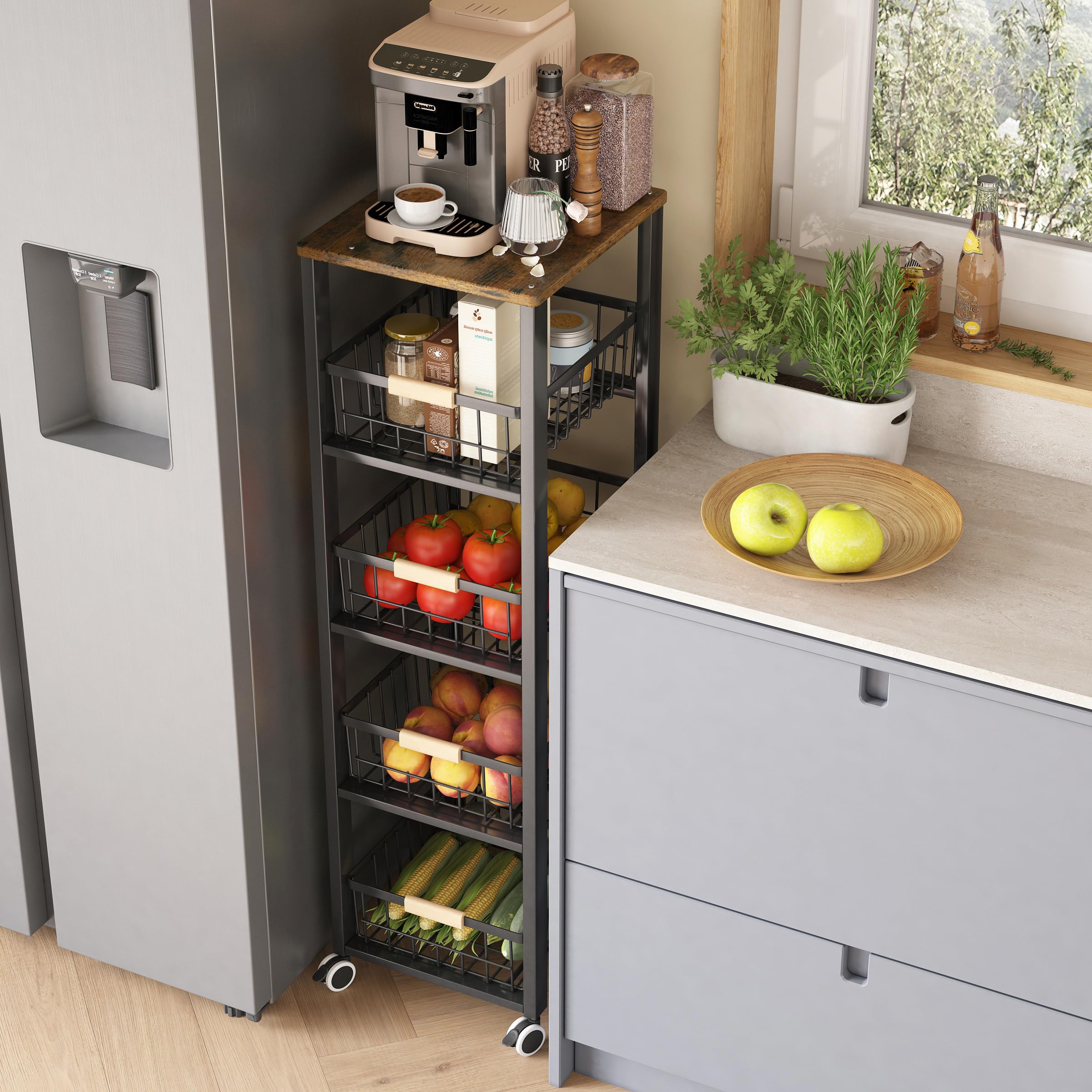 5 tier kitchen storage trolley,fruit basket stand,vegetable storage rack on wheelsy,5-tier kitchen basket trolley,tall trolley on wheels,chefs