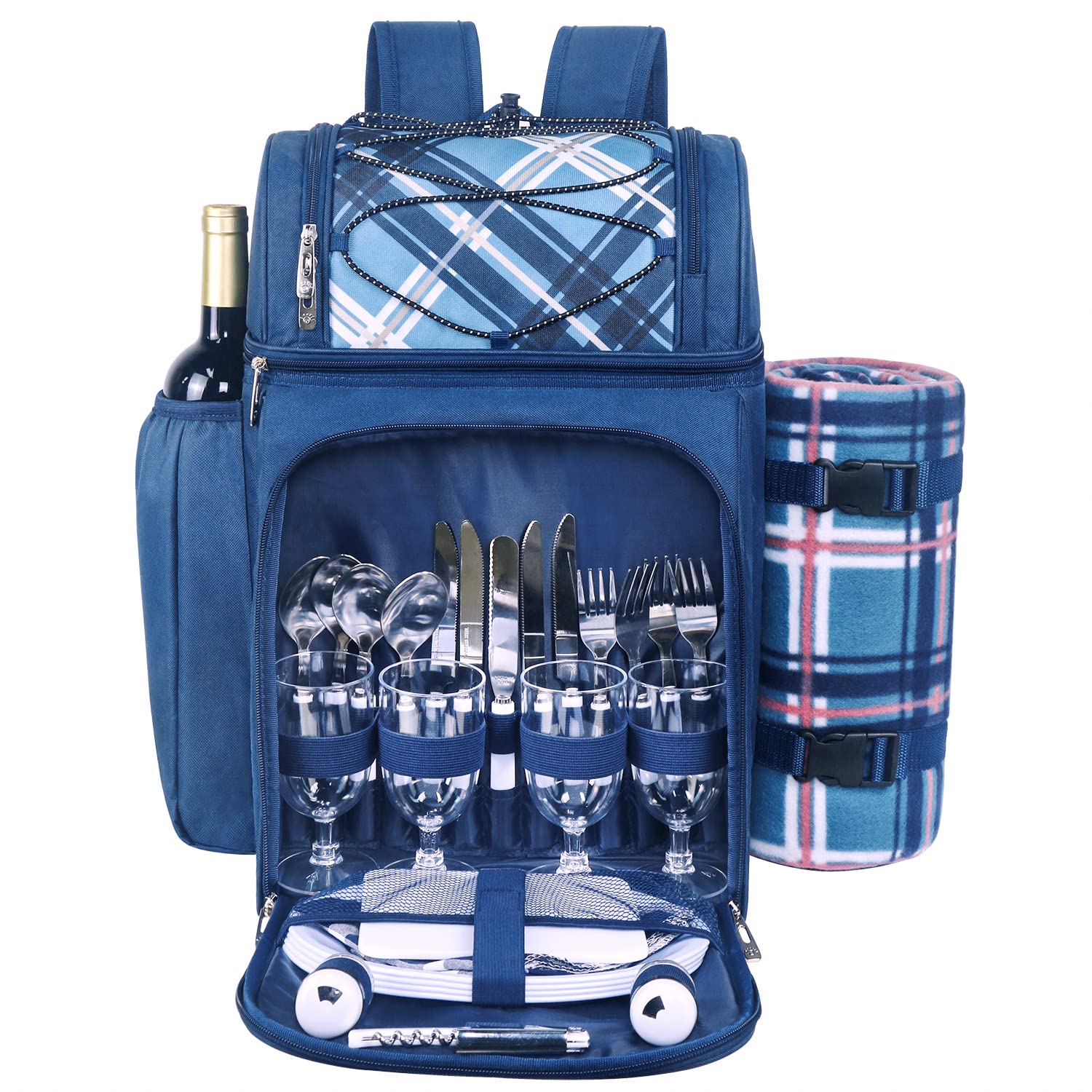 Hap Tim Picnic Basket Backpack for 4 Person with Insulated Leak Proof Cooler Compartment,Wine Holder,Fleece Blanket,Cutlery Set,Perfect for Beach