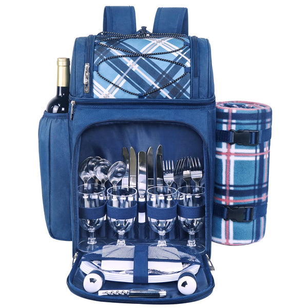 Hap Tim Picnic Basket Backpack for 4 Person with Insulated Leak Proof Cooler Compartment,Wine Holder,Fleece Blanket,Cutlery Set,Perfect for Beach