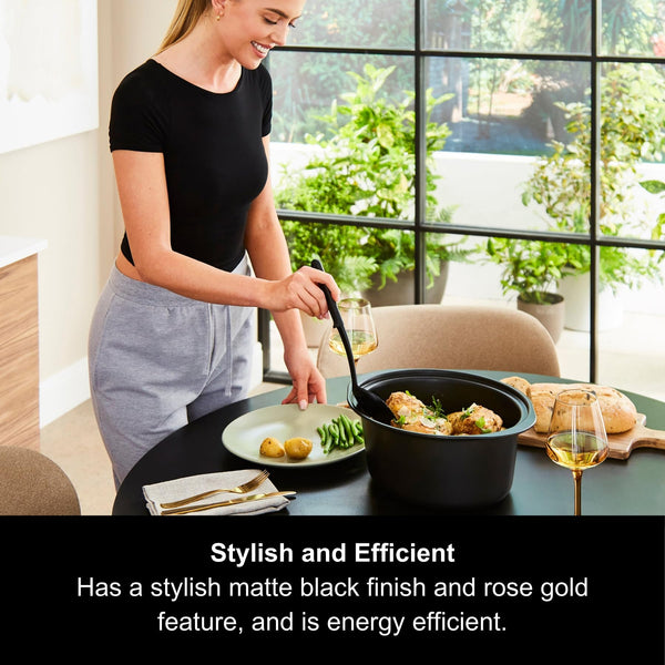 Morphy Richards 6.5L Sear and Stew Slow Cooker, Dishwasher Proof Non Stick Aluminum Pot, Cool Touch Handles, Matte Black and Rose Gold, 461016