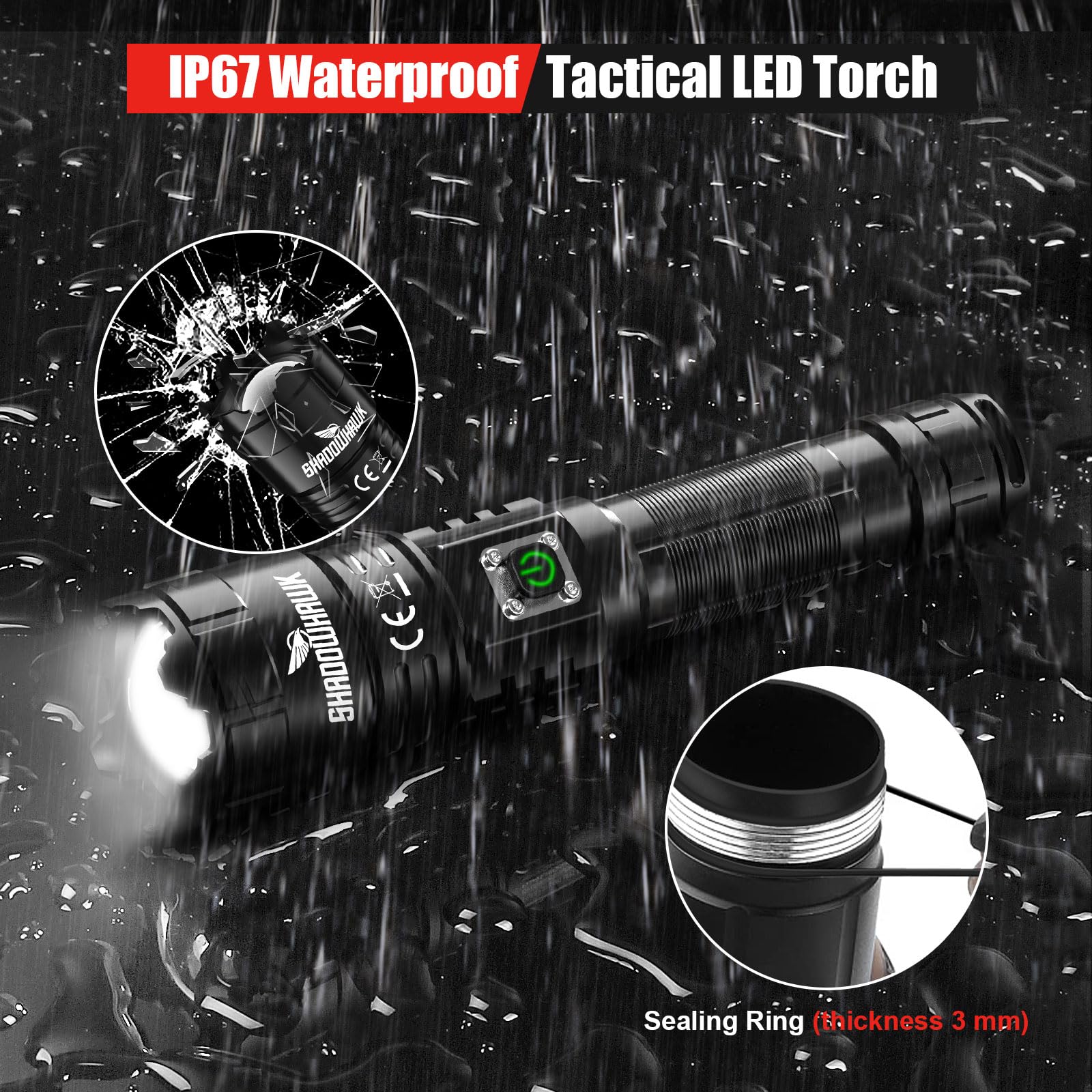Shadowhawk Torches LED Super Bright, 500000 Lumens Rechargeable LED Torch, USB Tactical Flashlight, XHP70.2, IP67 Waterproof, 5 Light Modes Zoomable, for Camping Hiking Emergency