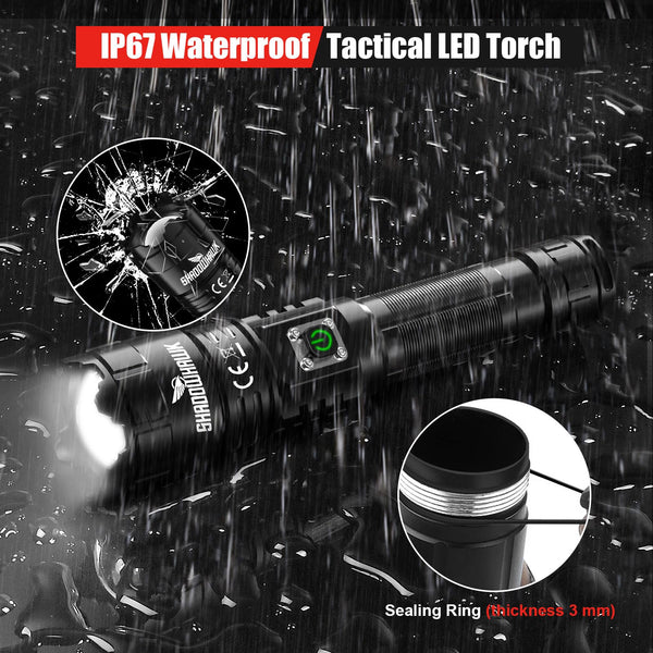 Shadowhawk Torches LED Super Bright, 500000 Lumens Rechargeable LED Torch, USB Tactical Flashlight, XHP70.2, IP67 Waterproof, 5 Light Modes Zoomable, for Camping Hiking Emergency