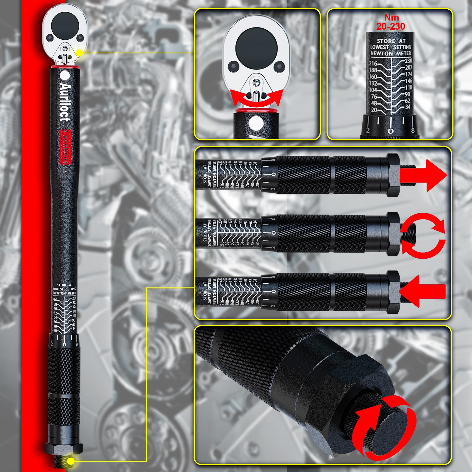 1/2" Torque Wrench Set, Car Wheel Torque Spanner 20-230 Nm with 3/8'' Adapter, ± 3% Accuracy, 72 Tooth for Car Repair, Tire Replacement Etc