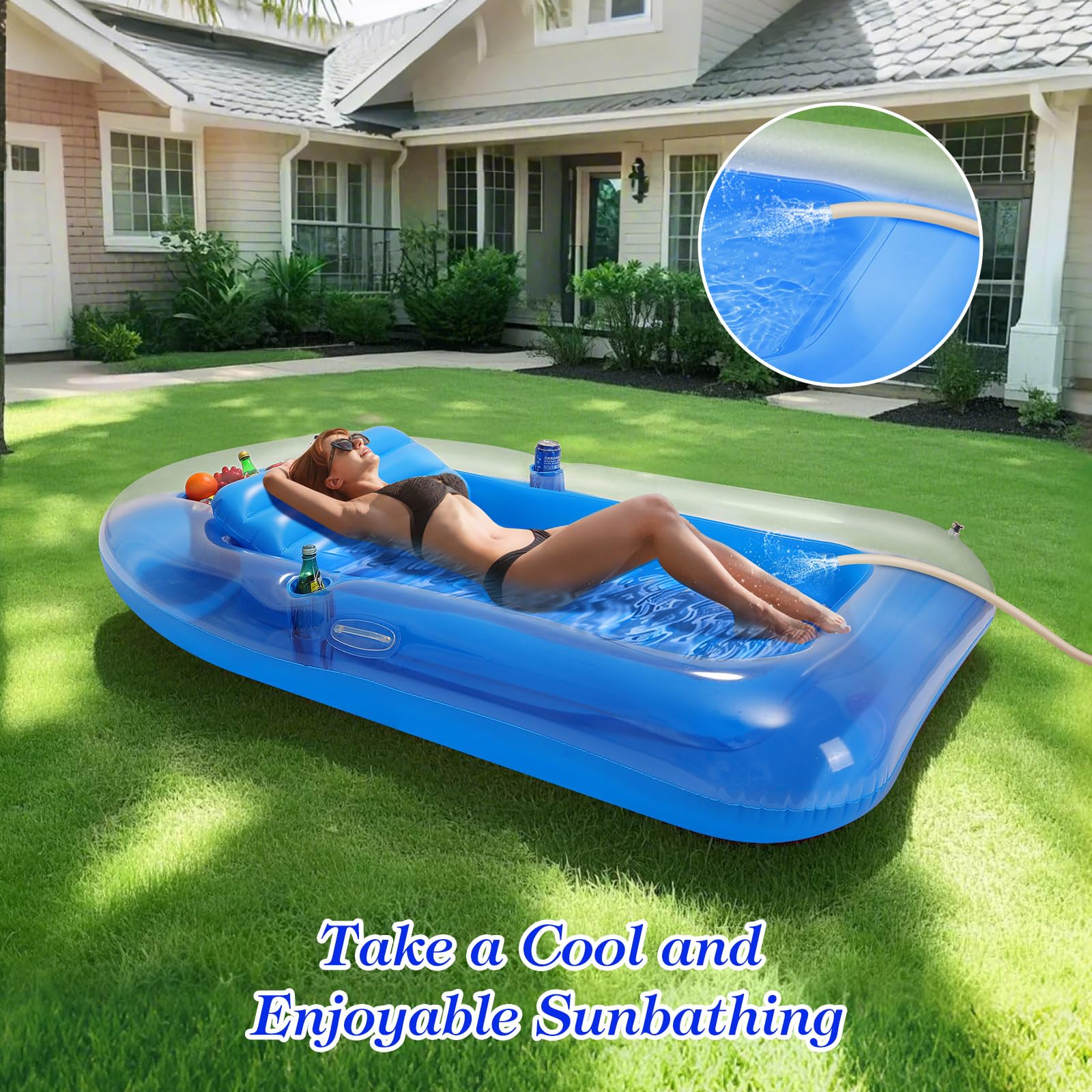 MoKo Pool Floats Adult, Floating Bed with Ice Bar, Tanning Bed Pool Raft Inflatable Lounger with Drink Holder Tanning Chair Inflatable Pool Toys for Party Beach Backyard
