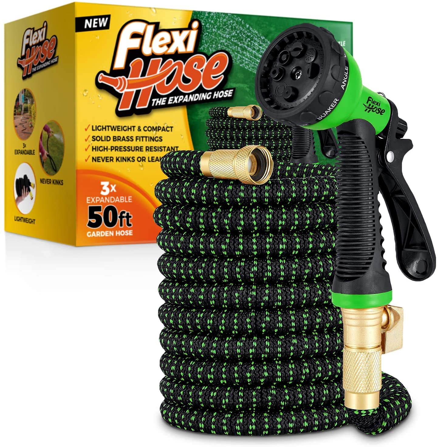 Flexi Hose Upgraded Expandable Garden Hose Pipe Including 8 Function Spray Gun Nozzle - Extra Strength with 2 cm Solid Brass Fittings - No-Kink Flexible Garden Hoses (Orange/Black 15 Metres)