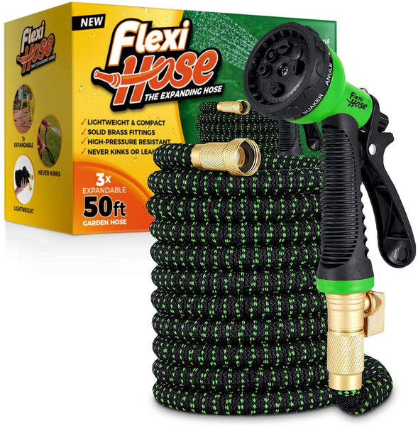Flexi Hose Upgraded Expandable Garden Hose Pipe Including 8 Function Spray Gun Nozzle - Extra Strength with 2 cm Solid Brass Fittings - No-Kink Flexible Garden Hoses (Orange/Black 15 Metres)