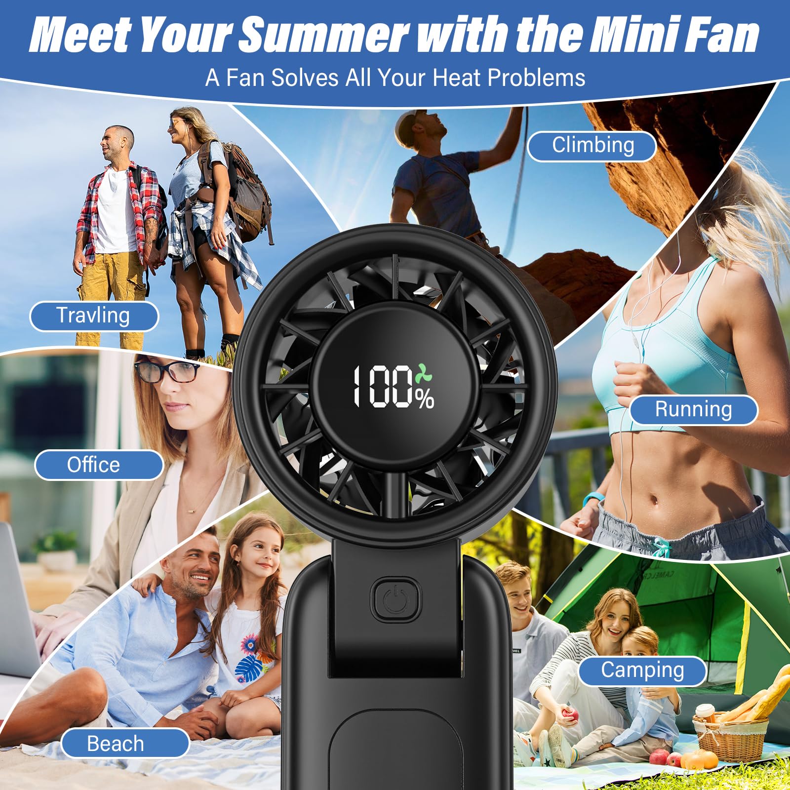 Eoboya Handheld Portable Fan, 100-Speed Adjustable,5000mAh,USB Rechargeable,7-Blade High-Speed Cooling, LED Display, 3-in-1 Foldable Desktop & Handheld & Neck,for Outdoor/Travelling/Home/Office(Black)