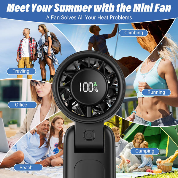 Eoboya Handheld Portable Fan, 100-Speed Adjustable,5000mAh,USB Rechargeable,7-Blade High-Speed Cooling, LED Display, 3-in-1 Foldable Desktop & Handheld & Neck,for Outdoor/Travelling/Home/Office(Black)
