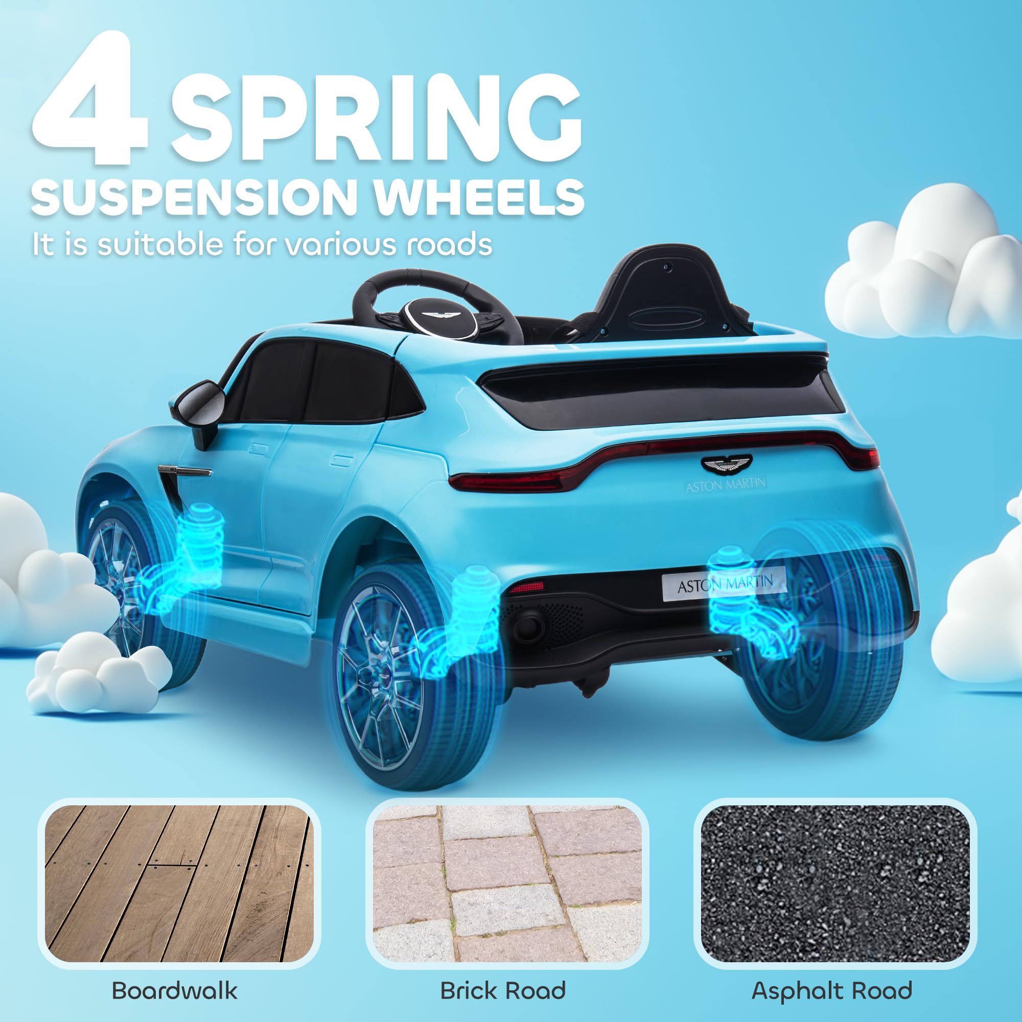 AIYAPLAY 12V Kids Electric Car, Aston Martin DBX Licensed Kids Ride on Car with Remote Control, 4 Suspension Wheels, LED Lights, Music, Horn, Slow Start, for Ages 3-6 Years, Blue