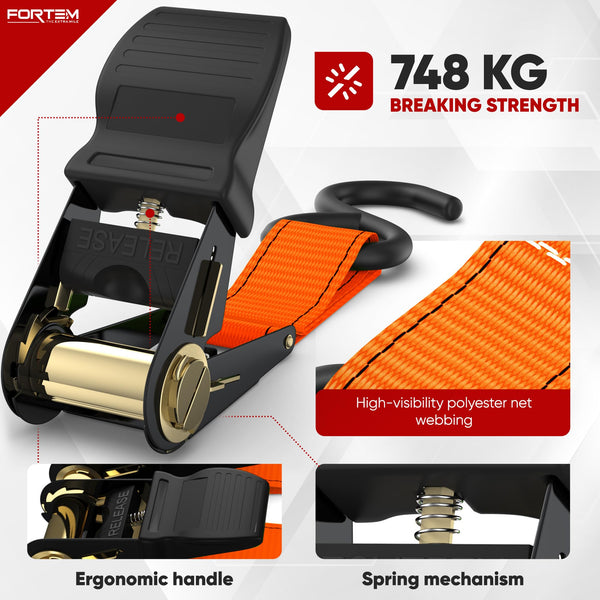 FORTEM Ratchet Straps, 748kg Break Strength, 4 Pack 4.6m x 2.54cm Tie Down Strap Set, 4 Soft Loops, Motorcycle Straps Tie Downs, Cargo Cam Buckles, Rubber Handles, Carry Bag