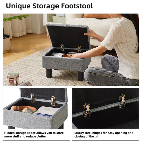 Aibiju Small Foot Stool with Storage, Small Storage Ottoman with Wodden Legs, Sofa Footrest Extra Seating for Living Room Bedroom, Blue Grey,