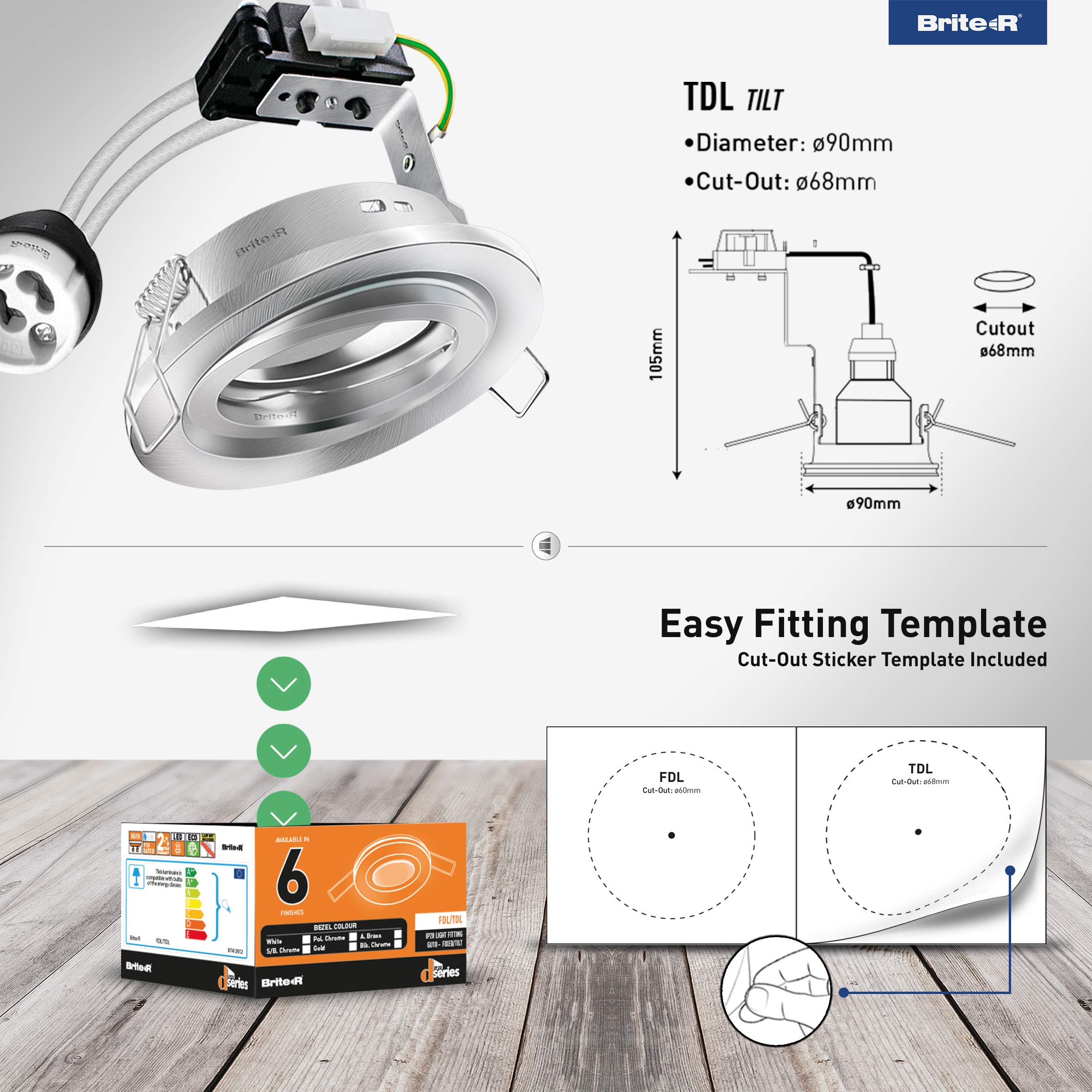 6X GU10 Tilt Swivel Downlight Satin Chrome Brite-R LED Spotlight Recessed Ceiling Light Fitting Pressed Steel IP20 Rated Halogen Compatible CE