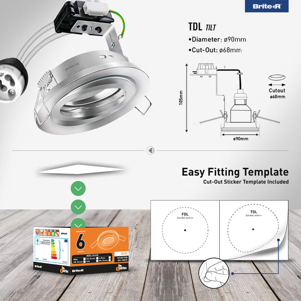 6X GU10 Tilt Swivel Downlight Satin Chrome Brite-R LED Spotlight Recessed Ceiling Light Fitting Pressed Steel IP20 Rated Halogen Compatible CE