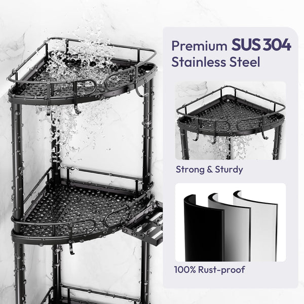 SWTYMIKI Corner Shower Caddy Standing - 4 Tier Stainless Steel Shower Organizer Stand with 4 Hooks & Soap Holder, Rustproof Metal Standing Tall Floor