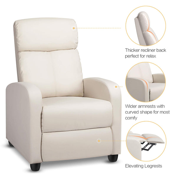 Yaheetech Recliner Armchair Single Padded Seat Boucle Fabric Sofa Lounge Home Living Room Theater Adjustable Leg Rest and Reclining Functions Ivory
