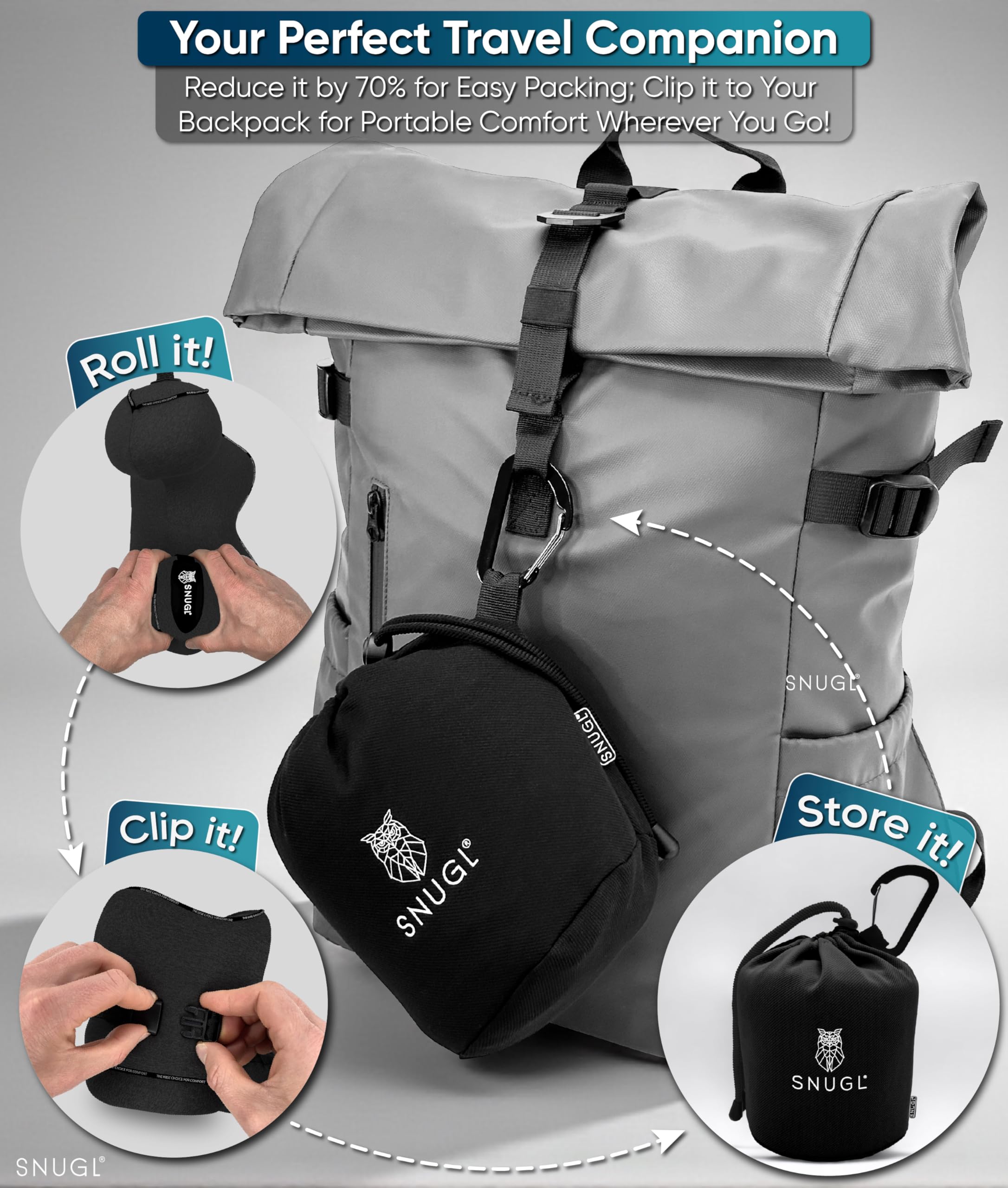 SNUGL Travel Pillow – Memory Foam Neck Pillow for Travel – Support Cushion for Airplane with Carry Bag & Clip - Holiday Essentials (Black - Adult Regular)