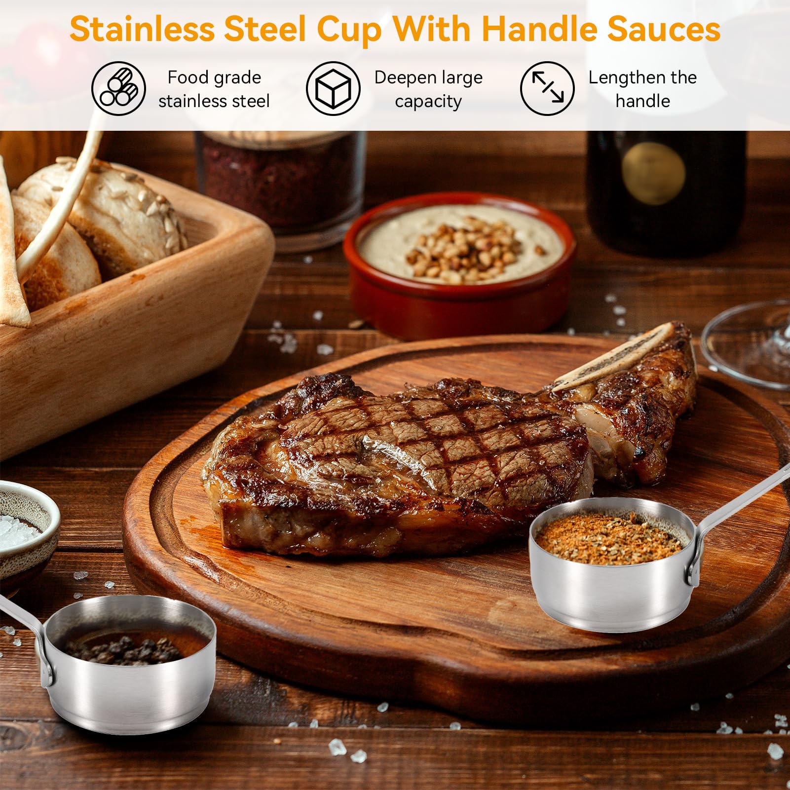 8Pcs 100ml/3.38oz Stainless Steel Sauce Cup, Mini Saucepan Sauce Bowl Soup Pot Condiment Sauce Cups Container Round Condiments Ramekin Dipping Sauce