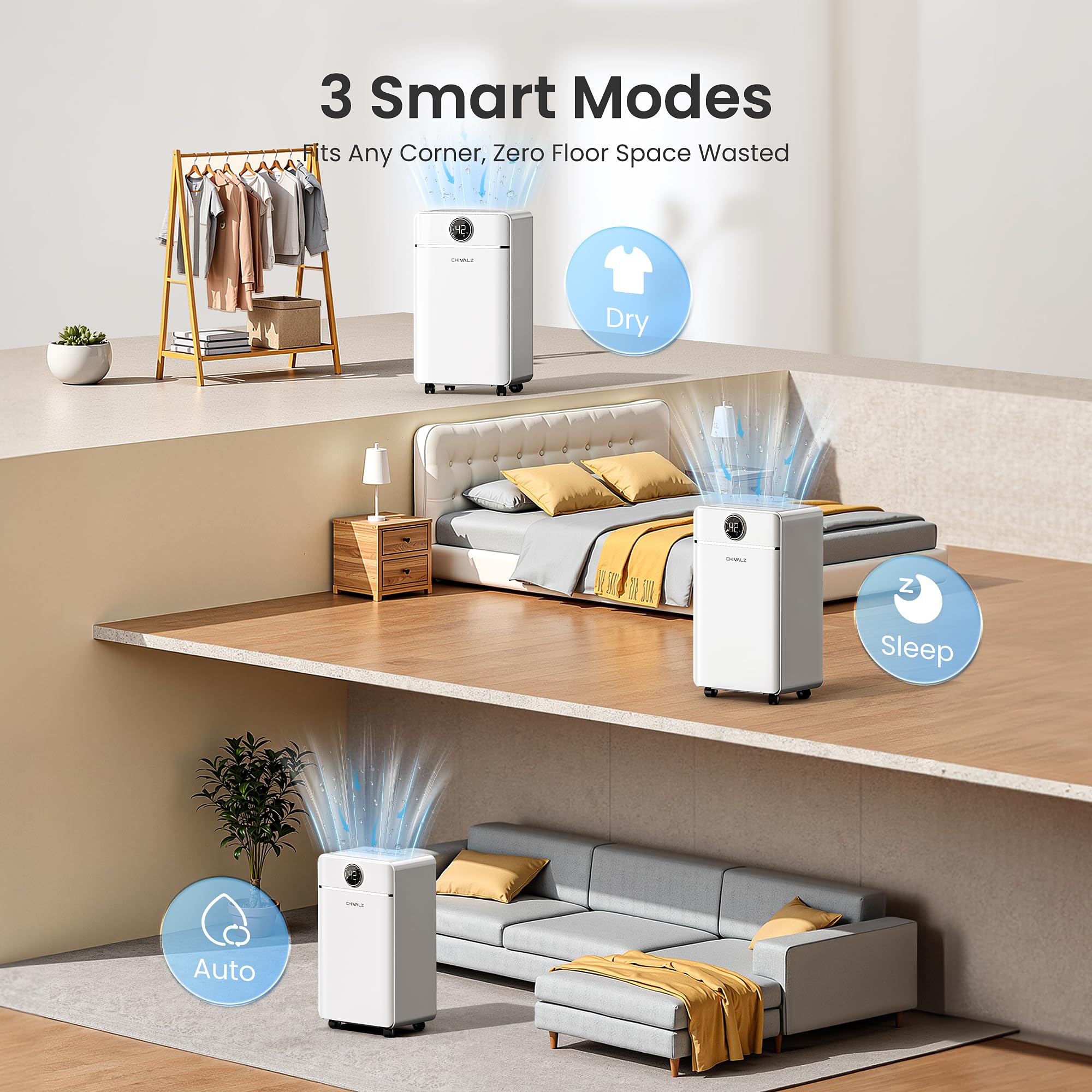 CHIVALZ 12L/24H Dehumidifiers for Home, Bedroom & Bathroom with 3 Modes, LED Display and 24H Timer, Interior Dehumidifier with Automatic Defrosting, 2L Water Tank & Drainage Hose (White, 1Pack)