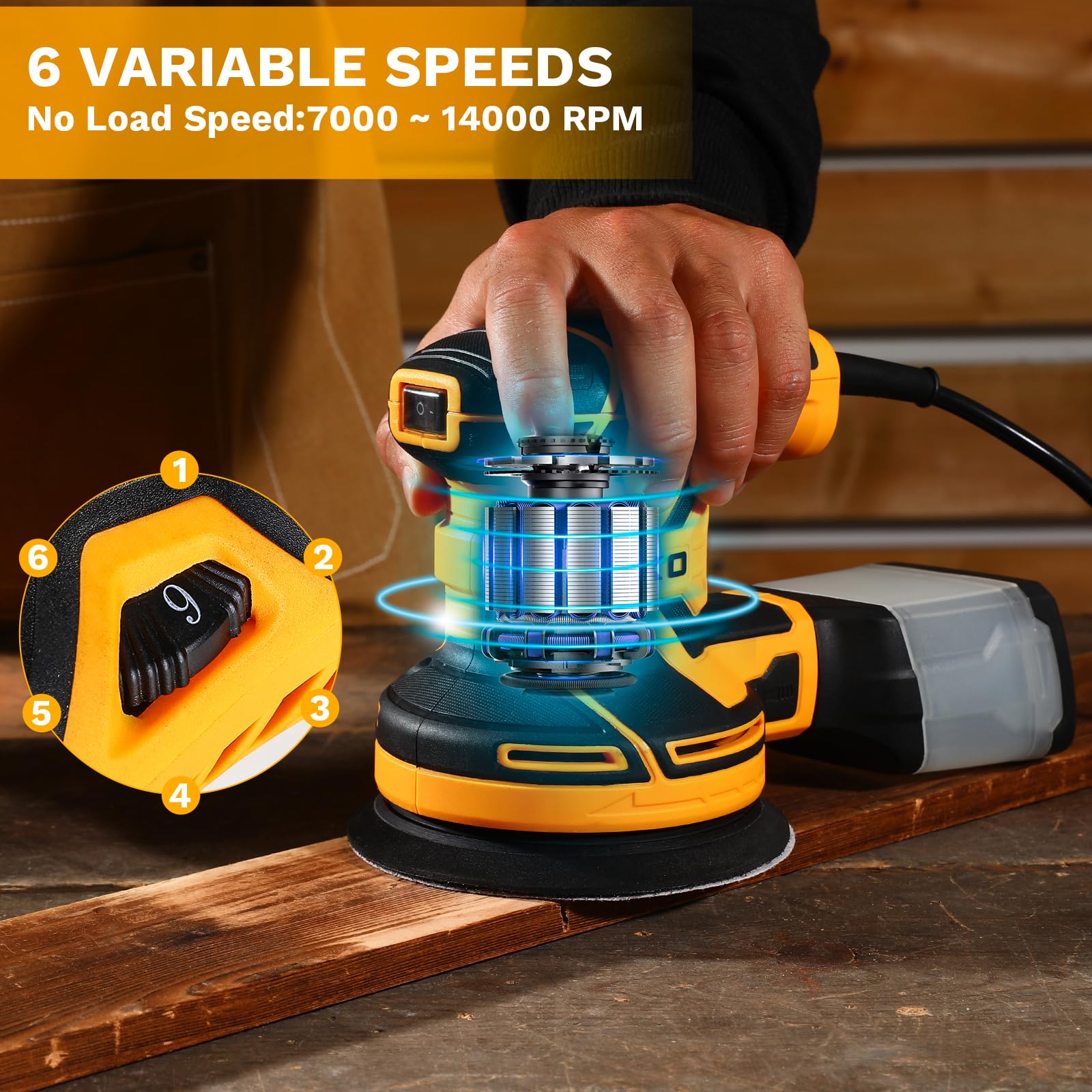DEKOPRO Random Orbit Sander 300W with 16Pcs Sandpapers, 6 Variable Speed 14000RPM, 125MM Hand Electric Tool, High Performance Dust Collection System, Fit for Woodworking/Sanding
