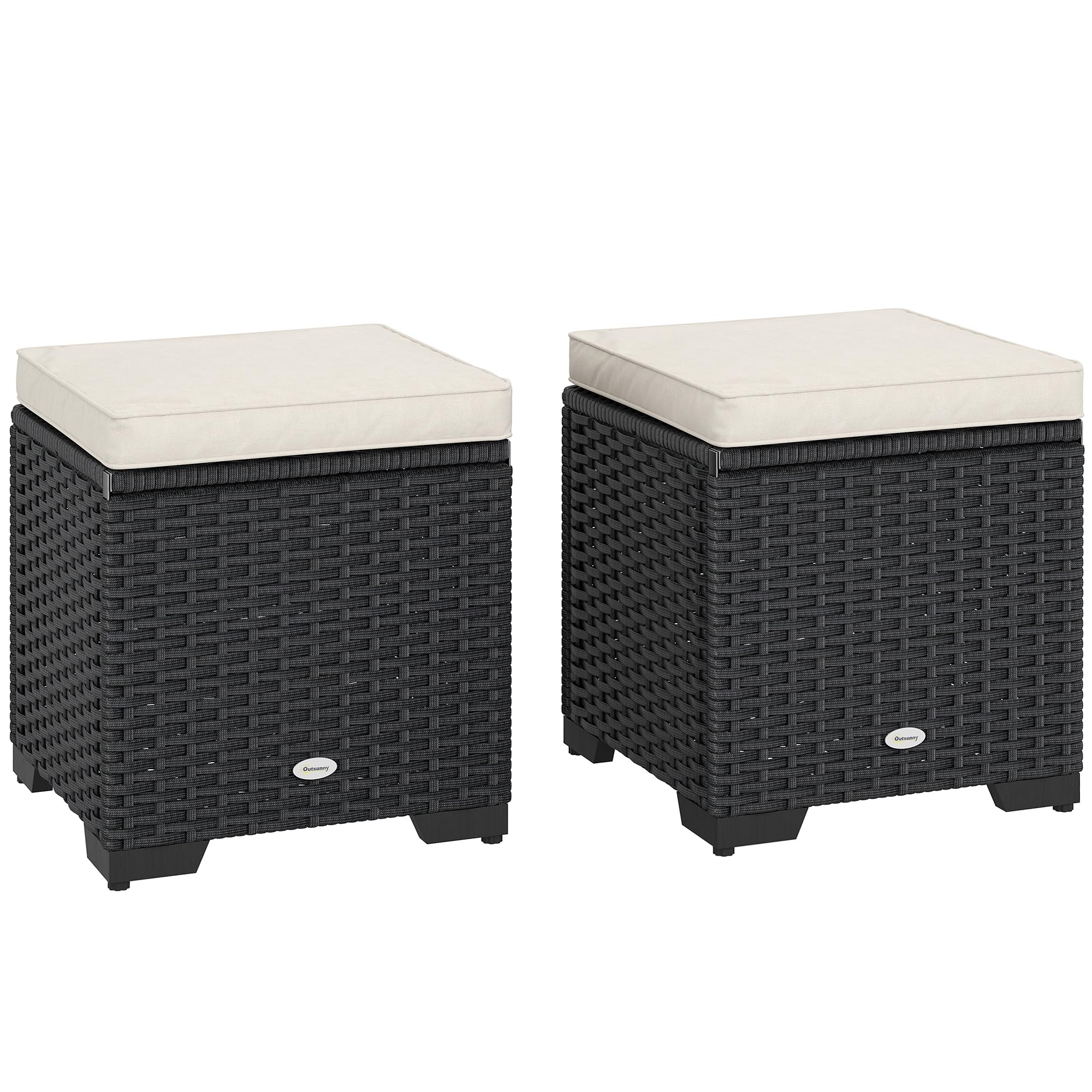 Outsunny Set of 2 Rattan Storage Ottoman, Outdoor Footstool with Removable Cushions, Garden Storage Seat for Balcony, Porch, Living Room, Beige