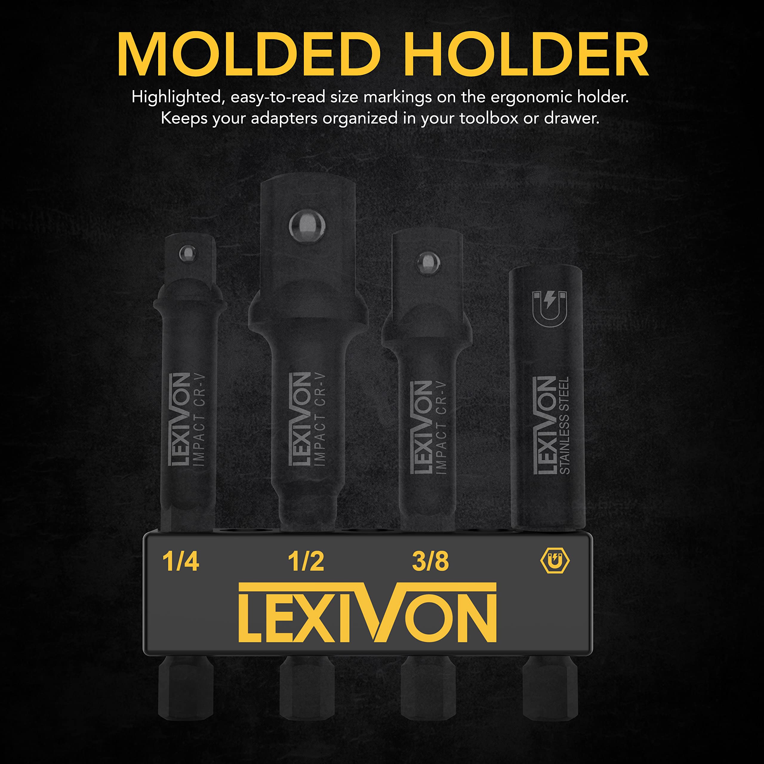 LEXIVON Impact Grade Socket Adapter Set, 3" Extension Bit with Holder | 3-Piece 1/4", 3/8", and 1/2" Drive, Adapt Your Power Drill to High Torque Impact Wrench (LX-101)