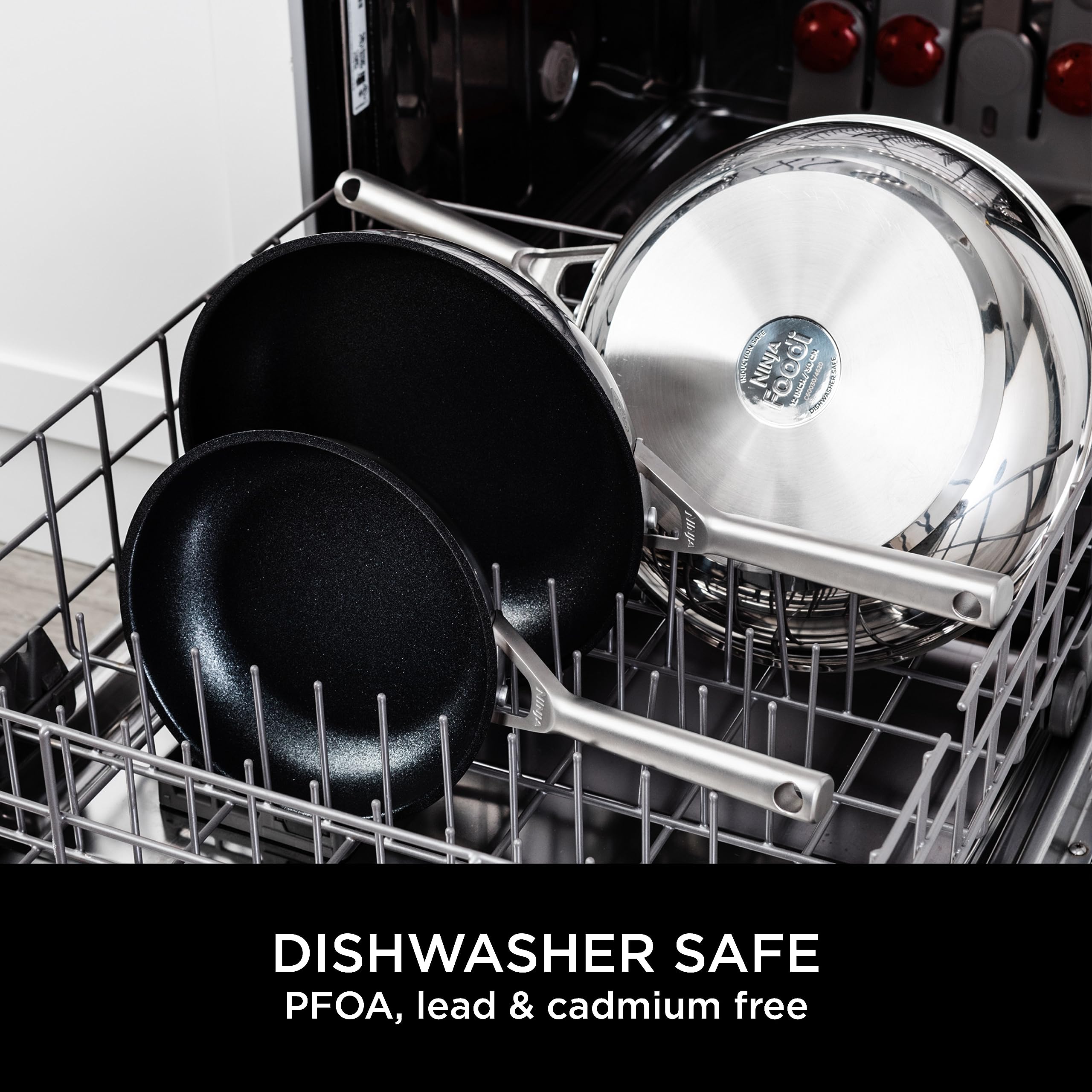 Ninja ZEROSTICK 5-Piece Pan Set, Long Lasting Non Stick,16cm, 18cm & 20cm Saucepans with oven-safe glass lids, 16cm Milk Pan, 24cm Frying Pan, Stainless Steel Cookware C6500UK