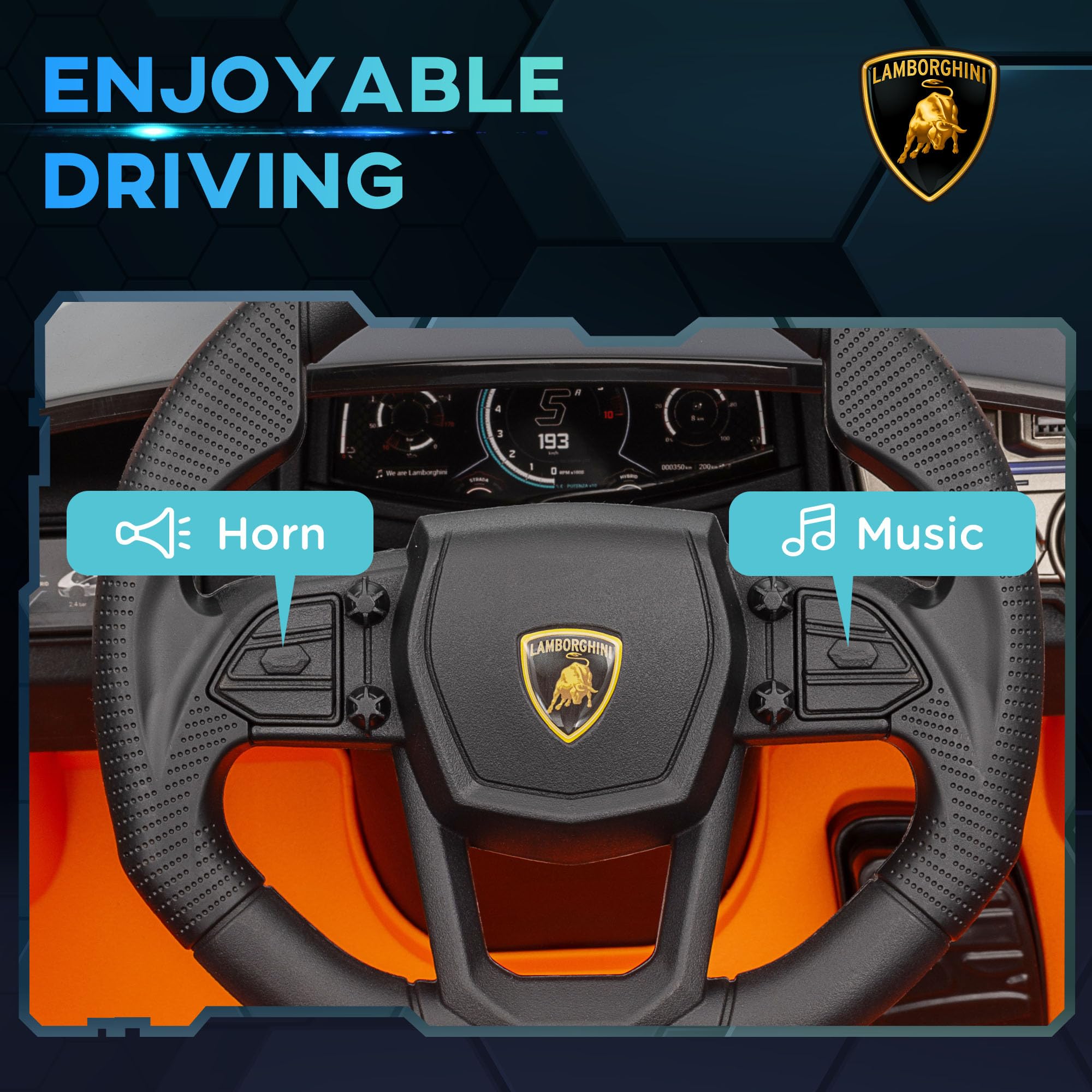 AIYAPLAY Lamborghini Revuelto Licensed Kid Electric Car, 12V Kids Electric Ride On with Butterfly Doors, Suspension, Remote Control, LED Lights, Horn, USB, MP3 for 3-5 Years, Orange