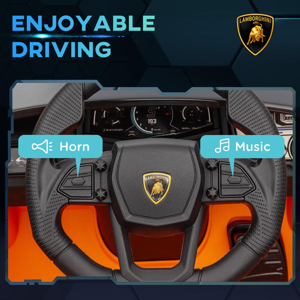 AIYAPLAY Lamborghini Revuelto Licensed Kid Electric Car, 12V Kids Electric Ride On with Butterfly Doors, Suspension, Remote Control, LED Lights, Horn, USB, MP3 for 3-5 Years, Orange