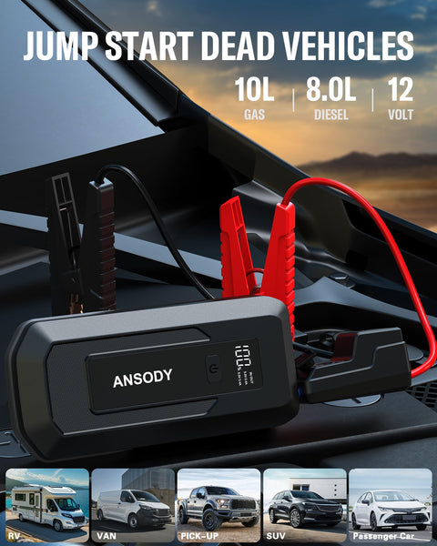 ANSODY Jump Starter Power Pack 3000A (Up to 10.0L Gas,8.0L Diesel), Car Battery Booster Jump Starter with Jump Leads, LED Flashlight, Jump Pack for 12V Vehicles Pickup SUV Motorcycle