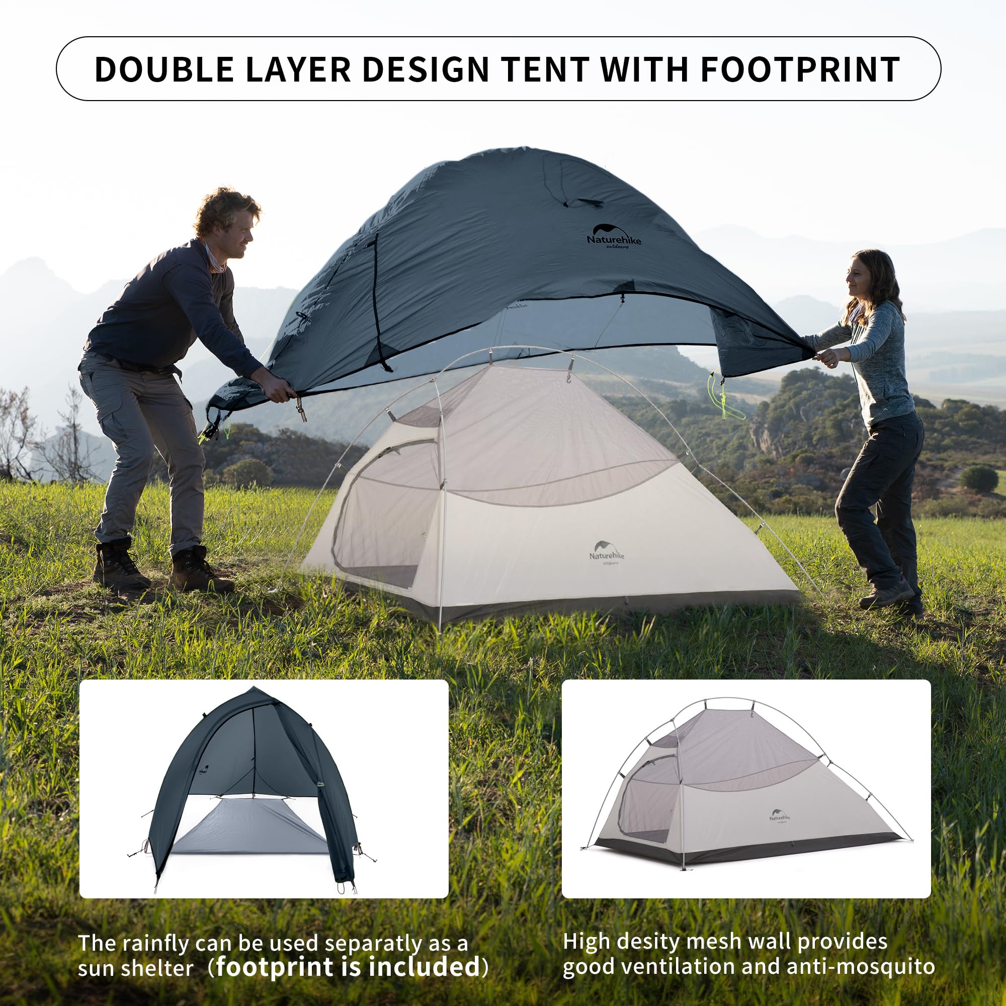 Naturehike Cloud up 2 Camping Tent 2 Man Backpacking Tent 3-4 Season Wild Country Tent Lightweight Dome Tent