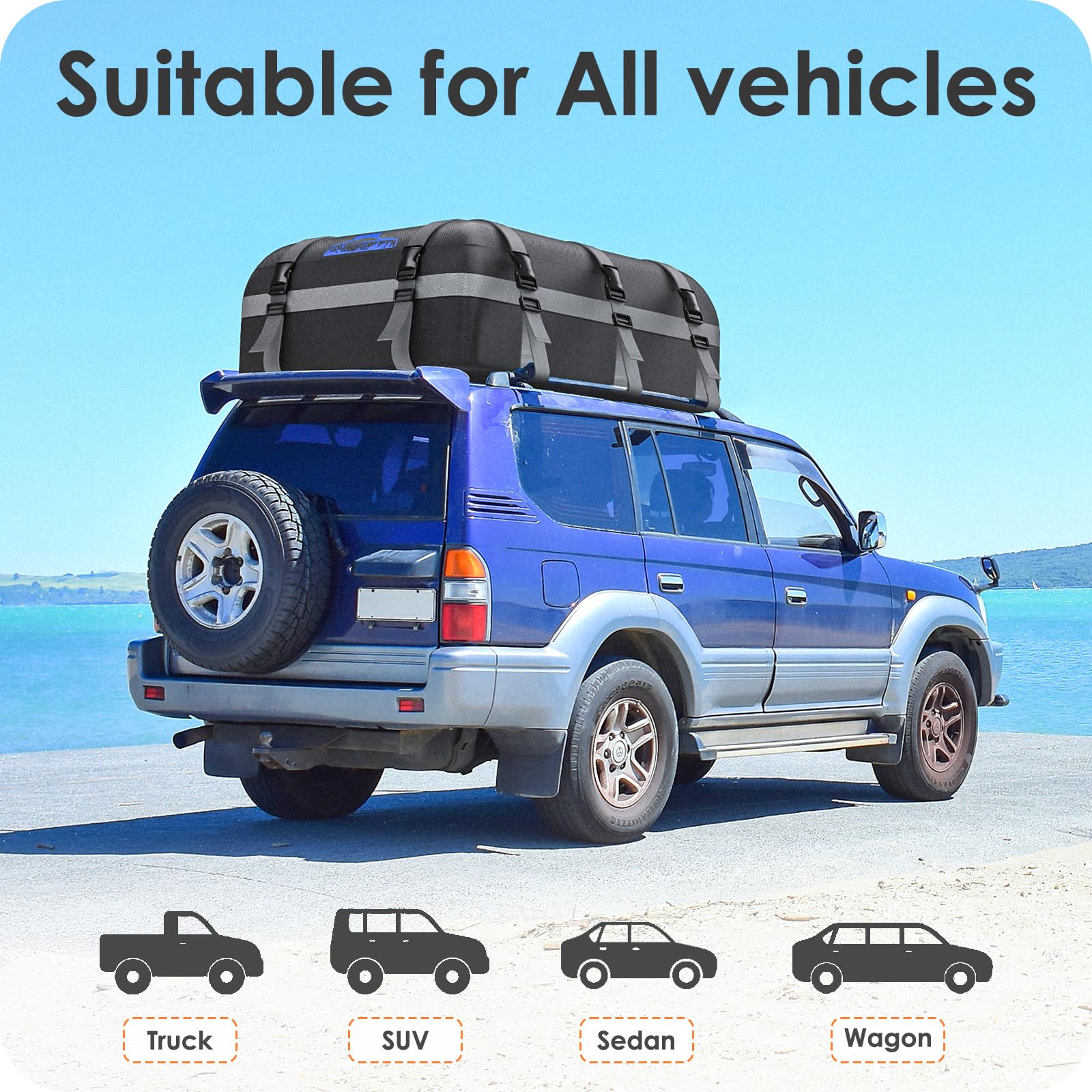 Rymopuey Roof Bag 15 Cubic/425 L, Waterproof Car Roof Bag No Rack Needed, Roof Box with Anti-Slip Mat and 6 Heavy-Duty Straps, Folding Soft Car Roof Box for Cars with/Without Rack (Blue 425 L)