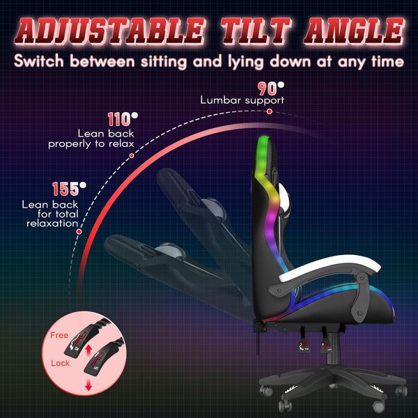 bigzzia RGB Gaming Chair with LED Lights and Ergonomic Computer Chair Reclining PU Leather High Back Video Game Chair with Headrest Adjustable Lumbar Support Linkage Armrest for Adults (Black/Grey)