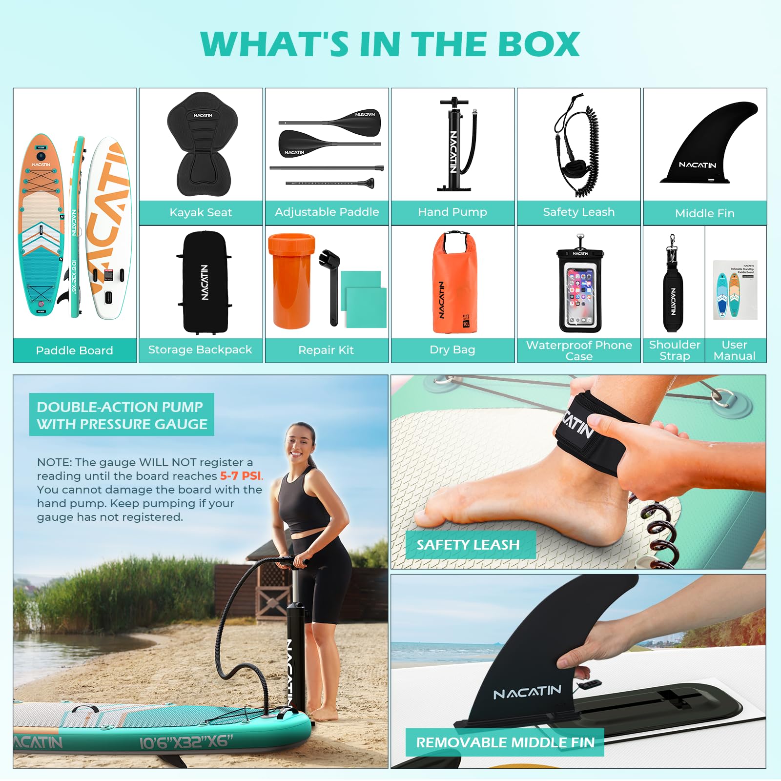 Paddle Boards for Adults, NACATIN Inflatable Stand Up Paddle Board with 10'6" SUP Paddleboard, Adjustable Paddle, Pump, Backpack, Dry Bag, Ideal for All Skill Levels (Optional Kayak Seat Available)