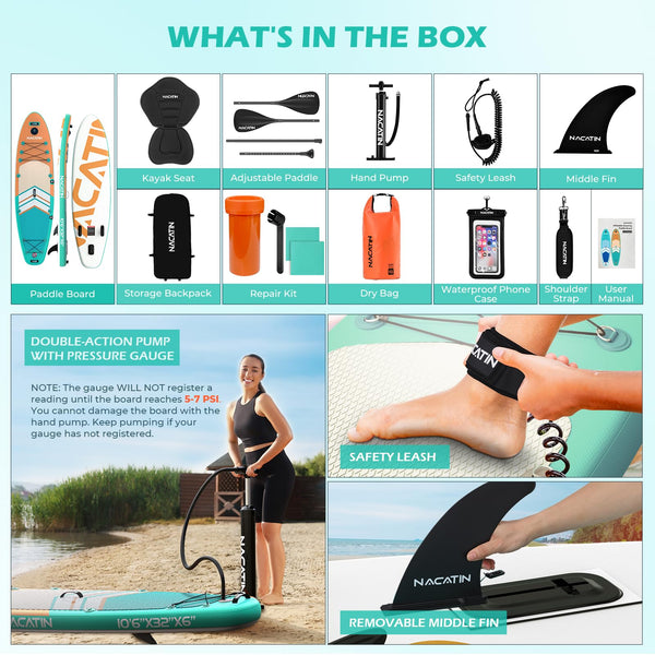 Paddle Boards for Adults, NACATIN Inflatable Stand Up Paddle Board with 10'6" SUP Paddleboard, Adjustable Paddle, Pump, Backpack, Dry Bag, Ideal for All Skill Levels (Optional Kayak Seat Available)