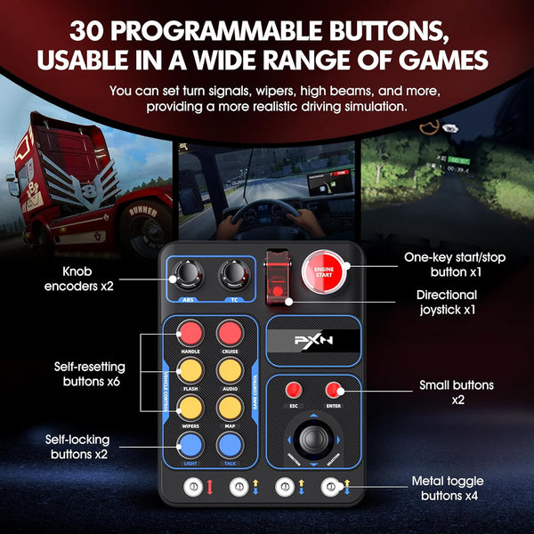 PXN CB1 Button Box, ETS2 Buttons Box, PC Control Box for Racing, Truck, Flight & Farm Simulator Games | 19 Sim Buttons & Switches, Adjustable RGB Lighting, Mounting Clamp