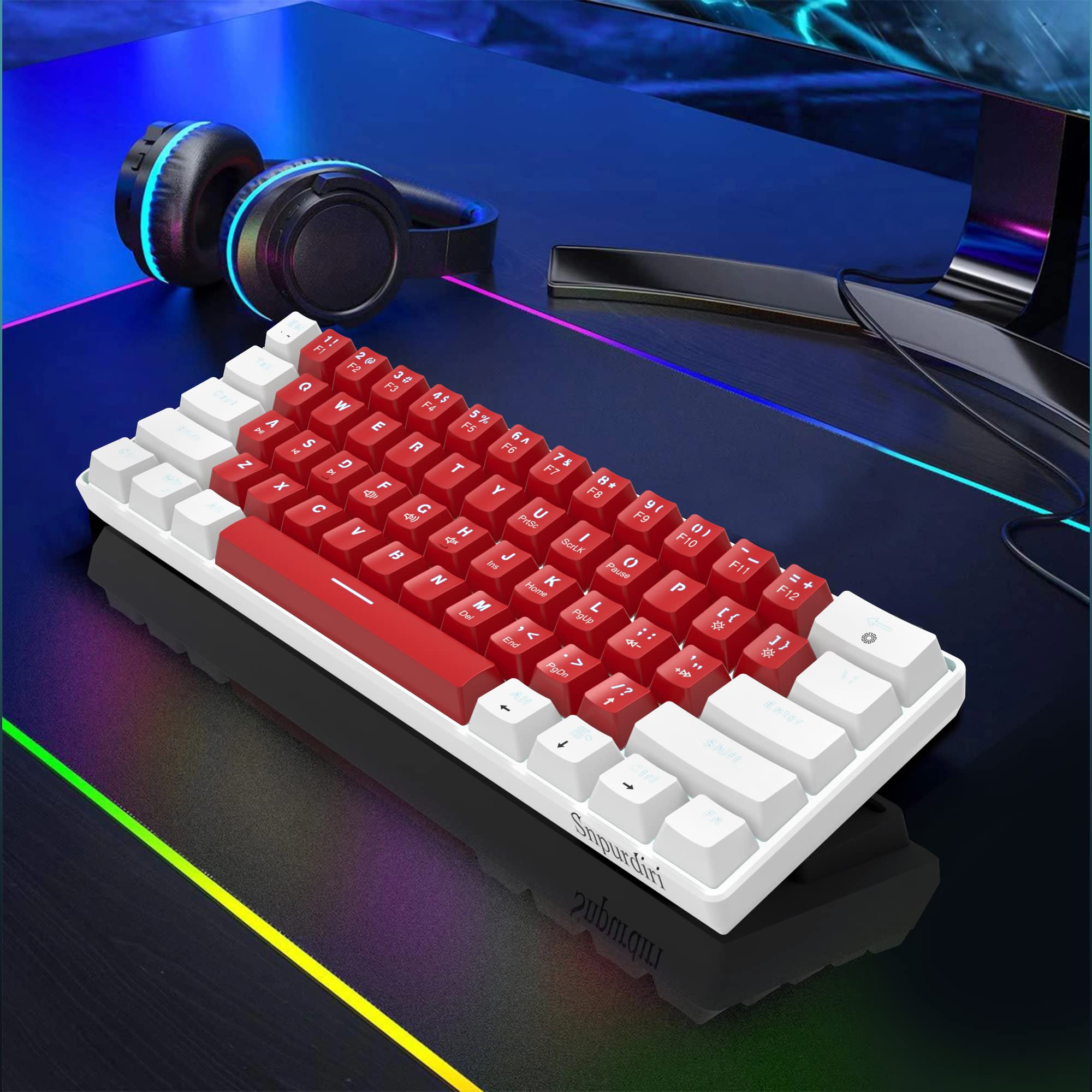 Snpurdiri 60% Wired Mechanical Gaming Keyboard, Mini 61-Key With Red Switches for PC, Windows XP, Win 7, Win 10 (Black-Red)