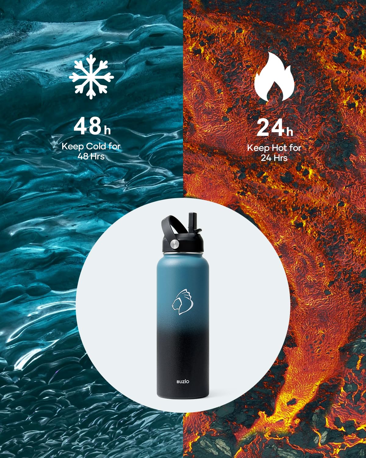 Stainless Steel Water Bottle 2L, BUZIO Vacuum Insulated Water Bottle with Straw Lid and Flex Cap Cold for 48 Hrs, Hot for 24 Hrs Double Wall Wide Mouth BPA Free Leak Proof, Black