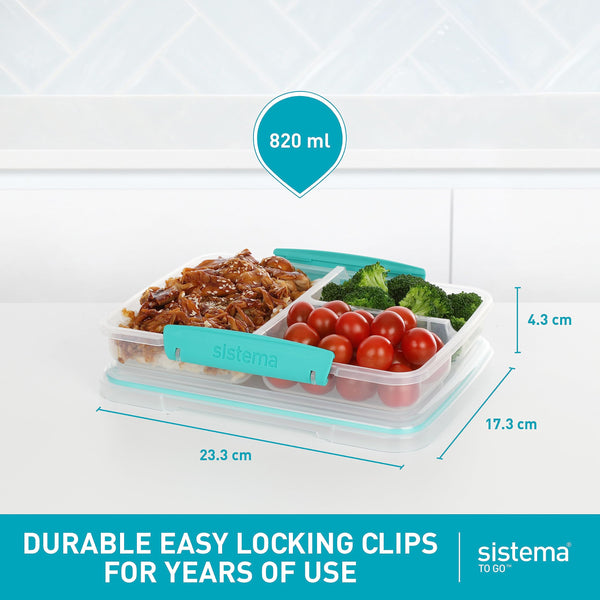 Sistema TO GO Multi Split Meal & Food Prep Containers | 820ml | School Lunch Boxes with Dividers & Clips | BPA-Free | 5 Count