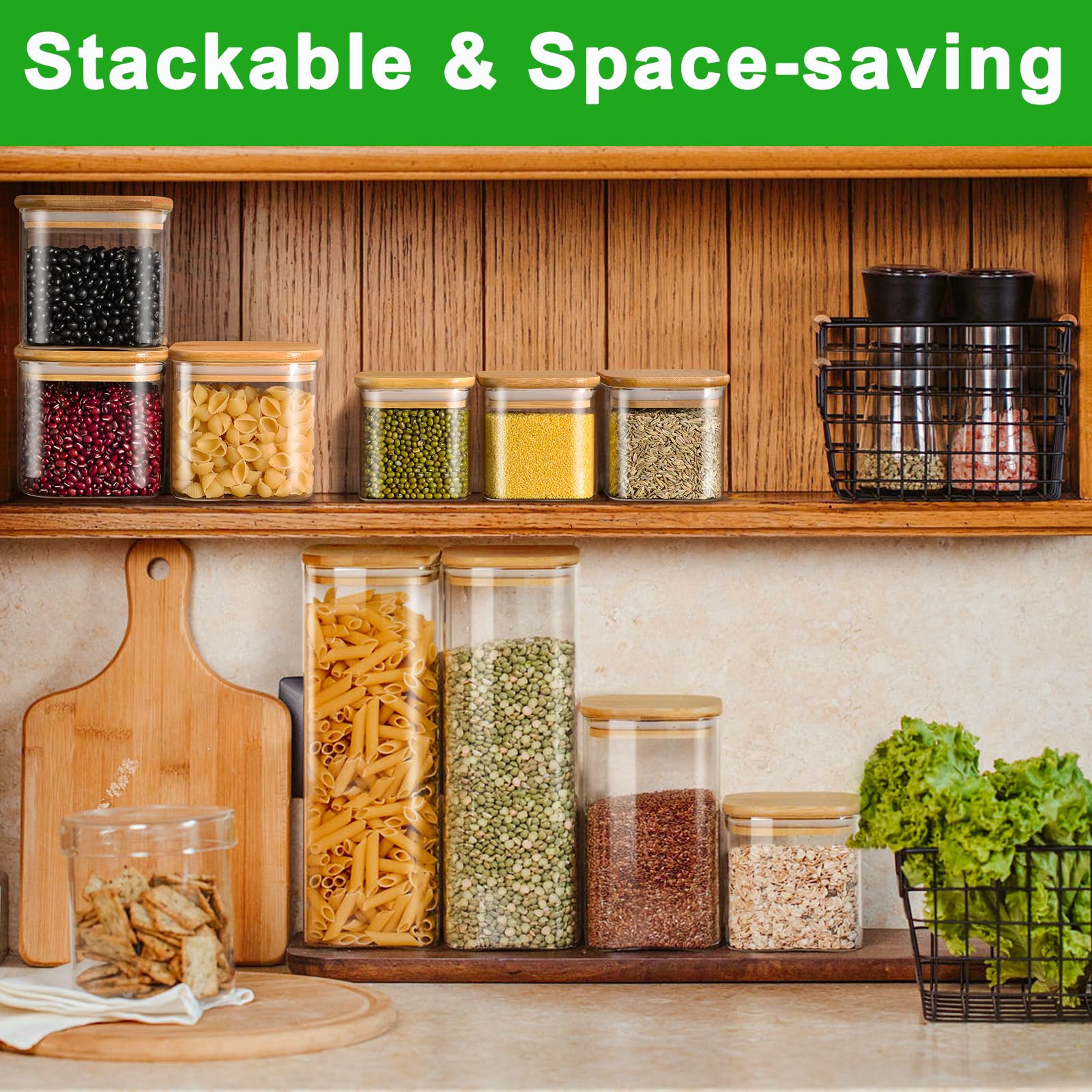 Finew Storage Jars with Lids, Set of 10 Airtight Glass Jars 2100ml 1500ml 750ml 350ml, Square Storage Jars & Canisters, Spice Jars for Pasta Flour