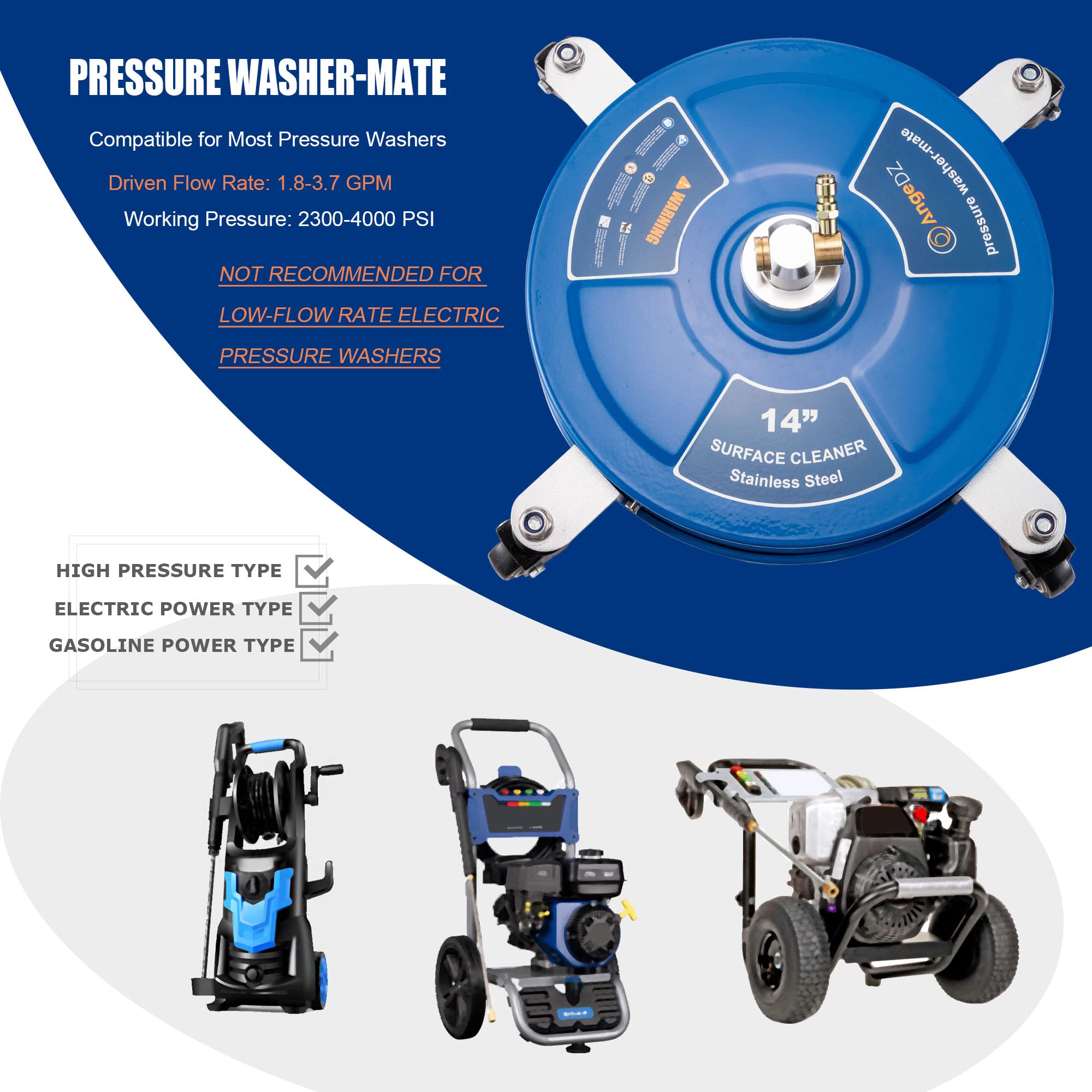 AngeDZ 14" Pressure Washer Surface Cleaner Attachment with 4 Wheels, 1/4" Quick Connector, 2 Extension Wands, 14 Inch Stainless Steel Painted Housing