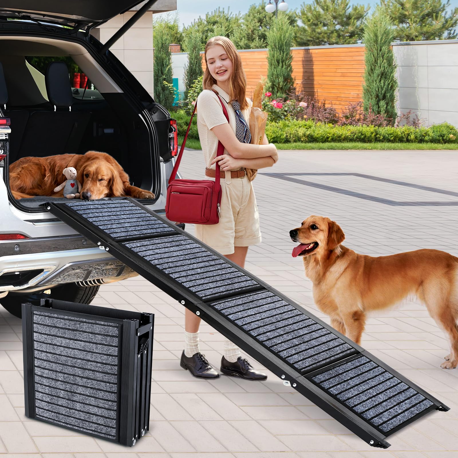 170cm Long Dog Ramp for Cars,43cm Wide Folding Dog Ramp for Large Dogs with High Traction Carpet Surface,Non-slip for Truck,SUV,Portable Pet Ramp Stairs for Medium Large Dog Up to 100kg