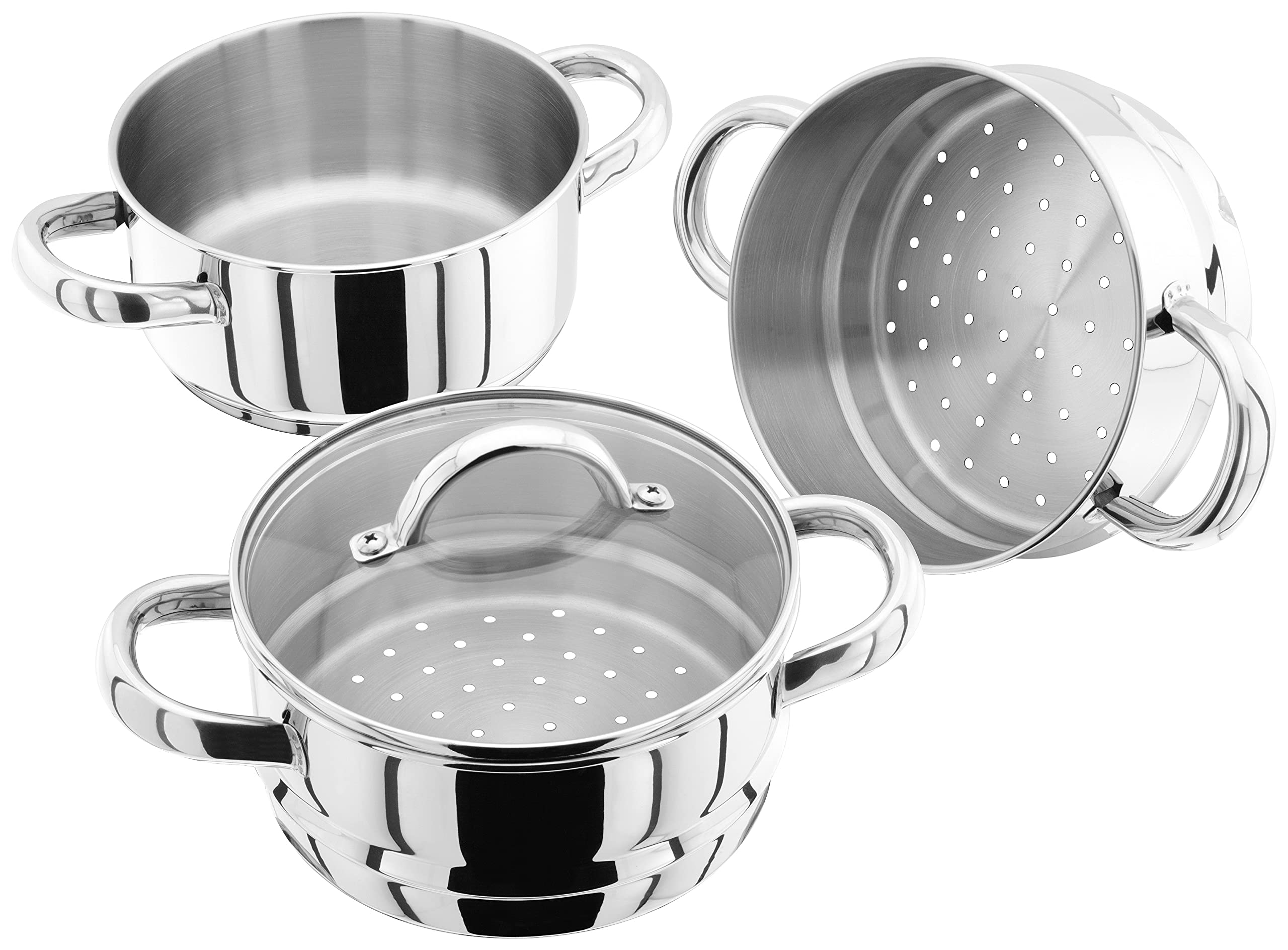 Judge Stainless Steel 3 Tier Steamer Set with 16cm 600ml Casserole, 2 Steamers and Lid, Induction Ready, Gift Boxed - 25 Year Guarantee