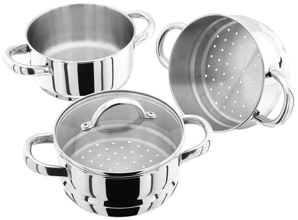 Judge Stainless Steel 3 Tier Steamer Set with 16cm 600ml Casserole, 2 Steamers and Lid, Induction Ready, Gift Boxed - 25 Year Guarantee